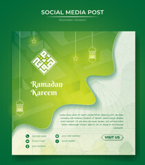 Sticker - Social media post template in gradient green with waving background design, islamic background with lantern and star design for ramadan advertisement, arabic text mean is ramadan kareem.