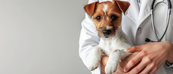 Veterinary banner with small cute dog on hands of veterinarian doctor