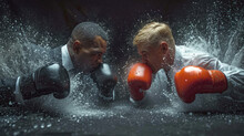 Two Election Candidates Wearing Boxing Gloves Fight In Waist-deep Water. A Boxing Match Between Two Men In Business Suits. An Illustration Of The Tough Choices For The Presidency.