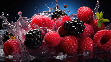 Fresh Raw Red And Black Berry On Dark Blue Background. Raspberries And Blackberries Fall Into Liquid. Red Berry. Splashes Of Water. Concept Of Buying Farm Healthy Food At Street Market, Autumn Harvest