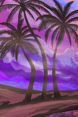 Wall Mural - seascape with palm trees at sunset, neon, silhouettes of palm trees, reflection in the water.
