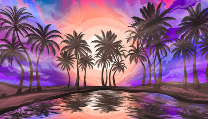 Wall Mural - seascape with palm trees at sunset, neon, silhouettes of palm trees, reflection in the water.