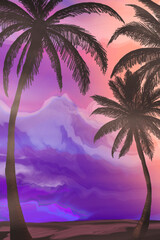 Wall Mural - seascape with palm trees at sunset, neon, silhouettes of palm trees, reflection in the water.