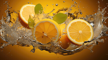 Splashes of water. Fresh raw slice of lemon in peel falls into liquid on yellow background. Grocery store. Concept of buying farm healthy food at street market, autumn vegetable harvest