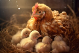 Fototapeta Młodzieżowe - Chickens and their eggs in a rural farm setting with a white hen, rooster, and chicks surrounded by brown feathers, grass, and nature