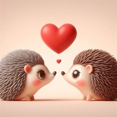 Wall Mural - Two small round hedgehogs, on Valentine's day, look at each other, a big red heart and a small red heart, neutral background