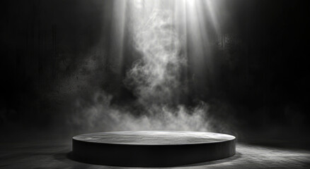 Podium black dark smoke background product platform abstract stage texture fog spotlight.