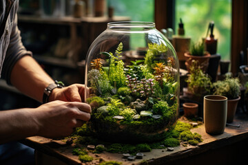 Poster - Assembling a handmade terrarium, creating a miniature ecosystem. Concept of miniature gardening and natural decor. Generative Ai.