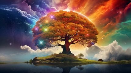 Wall Mural - Beautiful fantasy tree wallpaper background with colorful sky and view