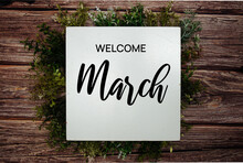 Welcome March Text Message With Green Leaf Decoration On Wooden Background