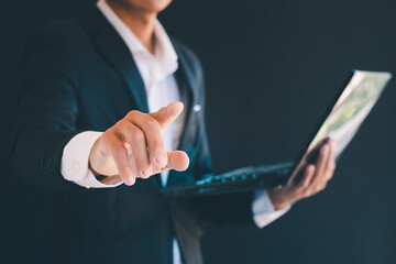 Businessman working using notebook and pointing out fingers, working, planning, business goals.