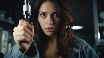 Poster - A woman is pictured holding a gun in a dark room. This image can be used to depict themes of danger, crime, mystery, or self-defense