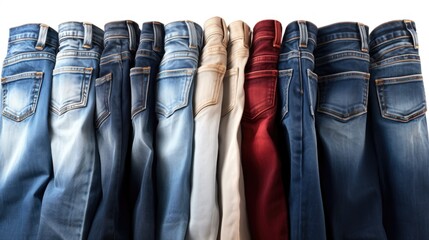 Aufkleber - A row of jeans hanging on a rack. Versatile and practical for various fashion or retail themes
