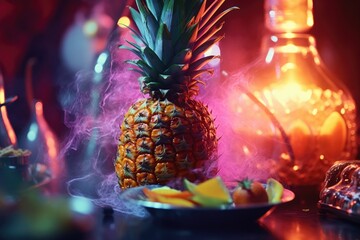 Leinwandbilder - A pineapple sits on top of a table next to a plate of various fruits. Suitable for food and tropical-themed designs