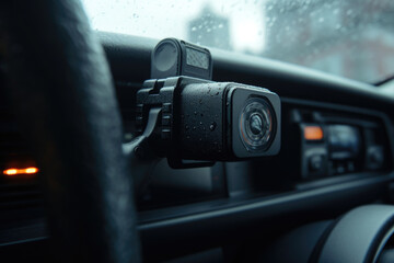 Poster - A close-up view of a car dashboard with a dash camera attached. Perfect for illustrating the use of dash cameras for safety and documentation purposes