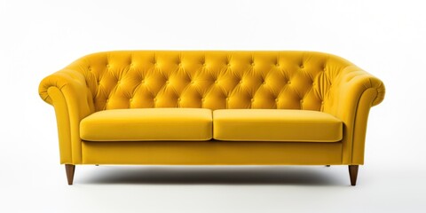 Aufkleber - A picture of a yellow couch placed on a clean and bright white floor. Suitable for interior design, furniture, and home decor concepts