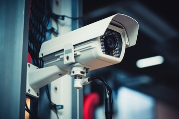 Poster - A security camera mounted on the side of a building. Can be used to monitor and enhance security measures