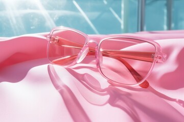 Wall Mural - Glasses resting on a soft pink cloth, suitable for various uses