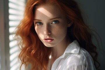 Poster - A woman with vibrant red hair wearing a crisp white shirt. Versatile image suitable for a variety of themes and concepts