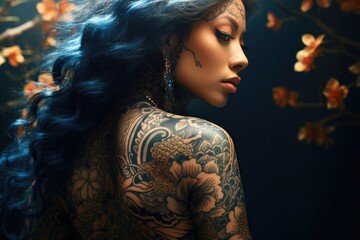 Poster - A woman with a tattoo on her back. Suitable for beauty, fashion, and body art concepts