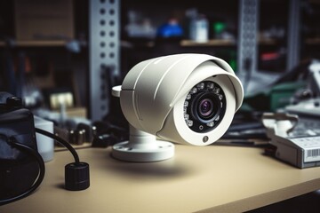 Poster - A security camera placed on top of a desk. Ideal for illustrating surveillance, office security, or monitoring concepts