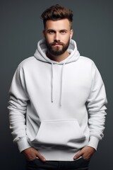 Aufkleber - A man wearing a white hoodie poses for a picture. This versatile image can be used for various purposes