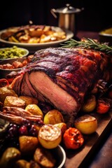 Aufkleber - A wooden cutting board with a variety of fresh meat and colorful vegetables. This versatile image can be used to showcase cooking, meal preparation, healthy eating, and culinary concepts