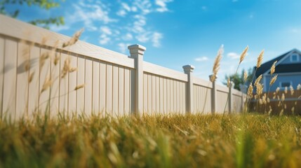Poster - A picture of a white fence in a grassy yard with a house in the background. Suitable for various uses