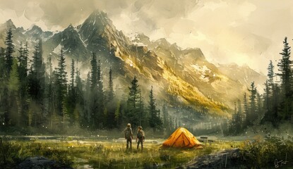 Wall Mural - Watercolor camp with a weathered tent in the foreground, with forest and mountains in the background