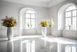 luxury clean bright white interior. a spacious room with sunlight and flowers in vases,