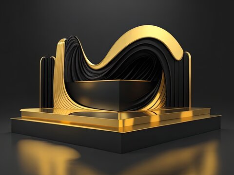 3D golden product line stage dark platform wave display on a gold-black podium background.