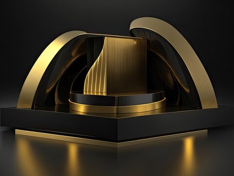 3D golden product line stage dark platform wave display on a gold-black podium background.