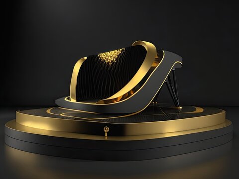 3D golden product line stage dark platform wave display on a gold-black podium background.