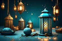 Ramadan And Eid Al Fitr Concept 2023 Backgrounds Dates With Turkish Traditional Lantern Light Lamp And Tasbeeh, Light Blue Colour Iftar Theme Image, Ramadan Kareem Mubarak 3d Background