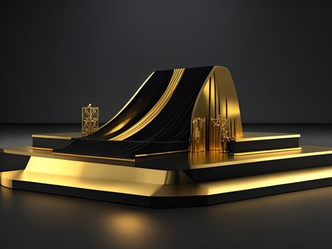 3D golden product line stage dark platform wave display on a gold-black podium background.