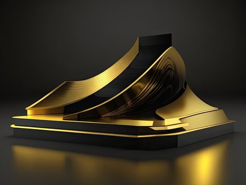 3D golden product line stage dark platform wave display on a gold-black podium background.