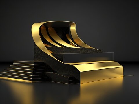 3D golden product line stage dark platform wave display on a gold-black podium background.
