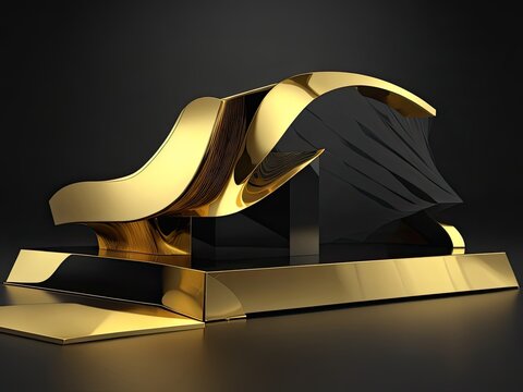3D golden product line stage dark platform wave display on a gold-black podium background.