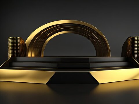 3D golden product line stage dark platform wave display on a gold-black podium background.