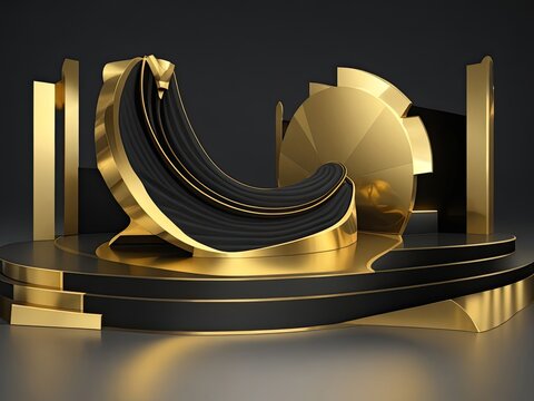 3D golden product line stage dark platform wave display on a gold-black podium background.