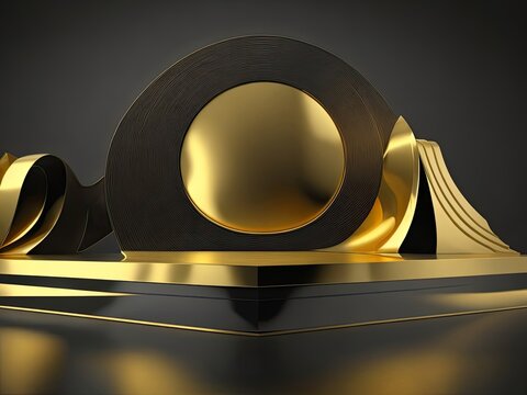 3D golden product line stage dark platform wave display on a gold-black podium background.