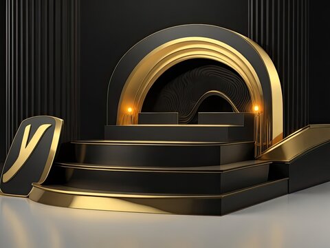 3D golden product line stage dark platform wave display on a gold-black podium background.