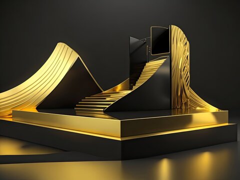 3D golden product line stage dark platform wave display on a gold-black podium background.
