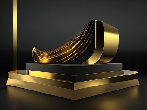 3D golden product line stage dark platform wave display on a gold-black podium background.