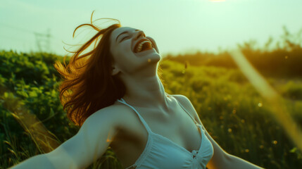 Wall Mural - Portrait of a Caucasian laughing girl raising her head to the sky, shot from below. Nature. Horizontal frame