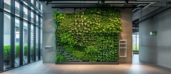 Green fresh plants in modern office wall for refreshing air circulation in the room. AI generated