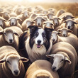 A border collie dog herding sheep in a field.