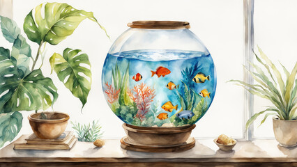 Poster - Light watercolor glass fishbowl containing tropical fish white background.