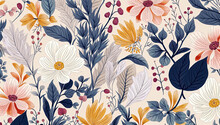Floral Pattern With Mix Of Orange, Blue, And Pink Flowers Background