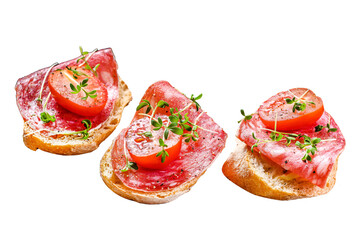 Wall Mural - Open baguette sandwich with salami salchichon, cherry tomatoes and micro greens.  Isolated, Transparent background.